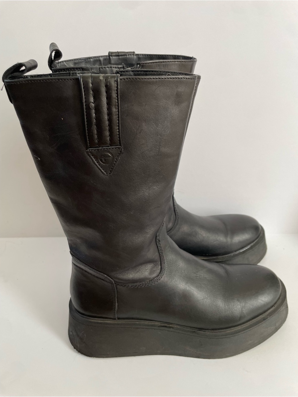 Tamaris Black Leather Mid-Calf Platform Side Zip Boots Round Toe EU 40 US 9 9.5